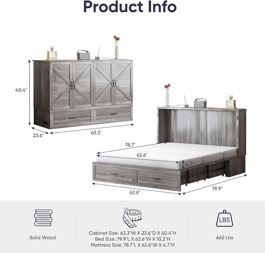 ijuicy Queen Murphy Cabinet Bed, with Mattress, Storage & Charge, Grey | Queen Murphy Bed Built-in multifunctional charging station & storage drawers, space-saving foldaway design for guest room.