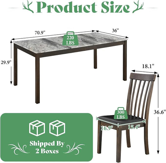 AMERLIFE 7-Piece Dining Table Set, 71" Faux Marble Modern Table with 6 PU Leather Upholstered Chairs, Heavy-Duty Solid Wood Set for Kitchen & Dining Room, Dark Brown