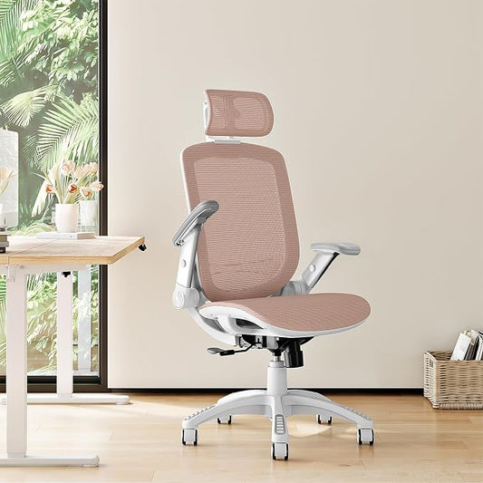 GABRYLLY Ergonomic Office Chair, High Back Home Desk Chair with Headrest, Flip-Up Arms, 90-120° Tilt Lock and Wide Cushion, 300LBS Mesh Chairs for Man Woman, White Task Chair(Pink,GY01WPK)