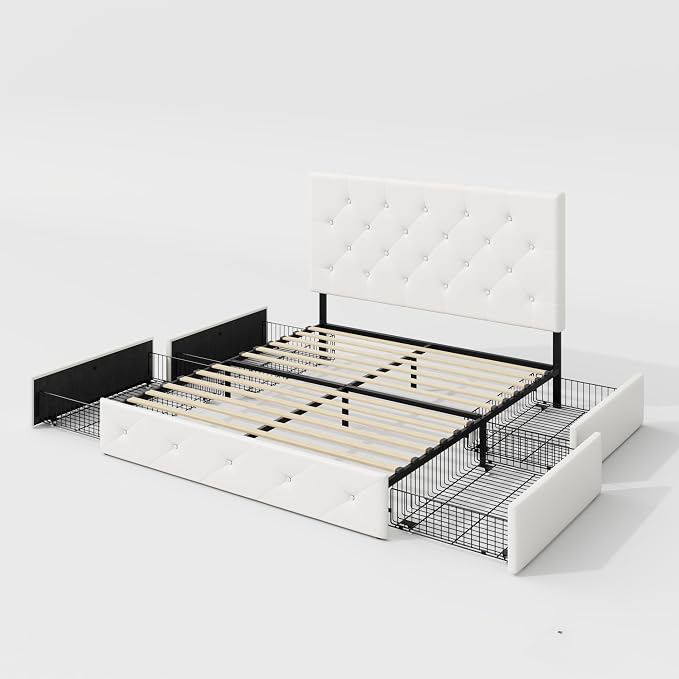 Allewie Upholstered Full Size Platform Bed Frame with 4 Storage Drawers and Headboard, Diamond Stitched Button Tufted, Mattress Foundation with Wooden Slats Support, No Box Spring Needed, White