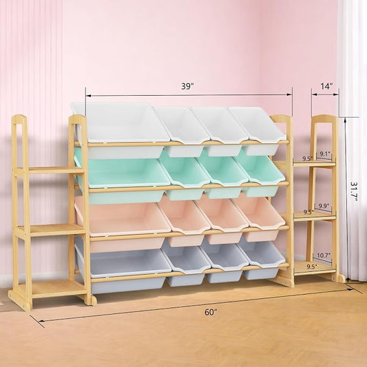 Kids Toy Storage Organizer with Bookshelf – Wooden Shelf with 16 Bins & 6 Shelves, Quick Assembly Storage Rack for Playroom, Bedroom, Nursery – Colorful