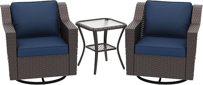 3 Pieces Patio Conversation Furniture Set - 2 Swivel Chairs, 1 Side Table, Outdoor Wicker Rocking Glider Armchairs with Washable and Water-Resistant Cushions for Balcony, (Navy Blue)
