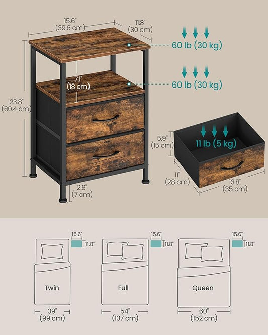SONGMICS Nightstand, Bed Side Table, End Table with 2 Drawers and 1 Open Shelf, Industrial, Rustic Brown, BELLAH Collection ULGS052K101S