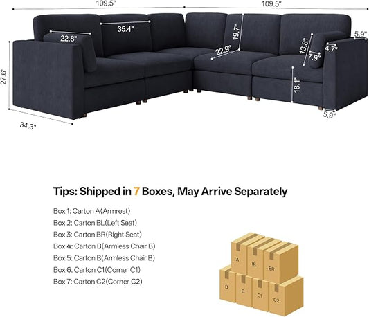 Oversized Modular Sectional Sofa V-Shaped Cloud Couches Blue | 109'' Deep Seat Couch for Living Room, 5-Seater Luxury Comfortable Corner sofa, Solid Wood Frame, Removable Washable Cover