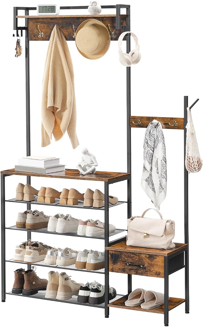 HOOBRO Hall Tree, Entryway Coat Rack Shoe Bench, Shoe and Coat Rack for Entryway, Hall Tree Coat Rack, with Non-Woven Fabric Drawer, for Entrance, Foyer, Rustic Brown and Black BF113MT01
