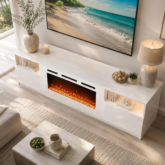 70" TV Stand for Living Room, Entertainment Center & Media Console with Storage, Fits TVs up to 80", Modern TV Cabinet with Shelves, 36" Electric Fireplace (All White)