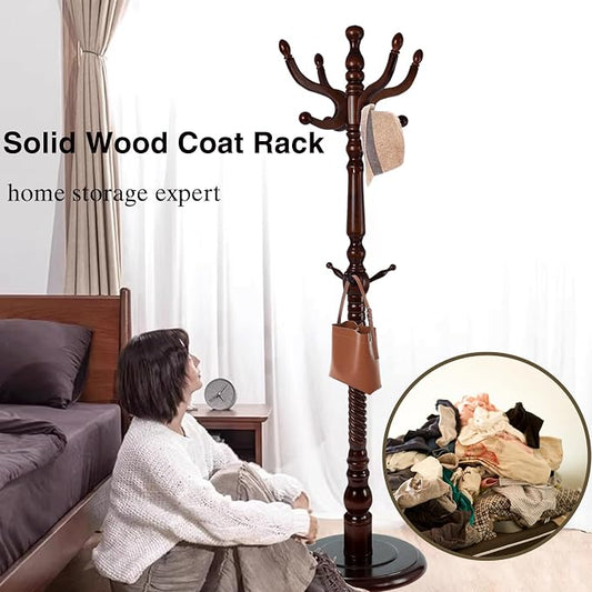 Wooden Coat Rack Freestanding, Hall Tree Hanger With Resin Hooks, Adjustable Heavy Duty Coat Rack for Hanging Clothes Bags Hats in Living Room Bedroom (coat rack, Round Base-Antique Color)