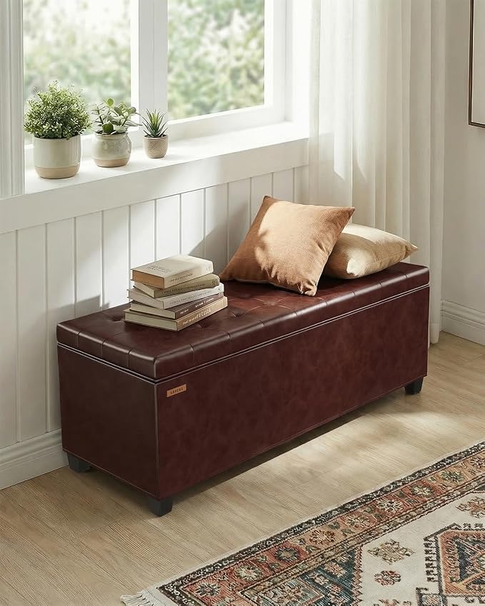 ABHENG Synthetic Leather Metal Frame Storage Ottoman Bench end of Bed Bench with Legs 43.5”W x 15.7”D x 15.7”H Hold up to 770 LB Large Storage Chest Brown UASND624R