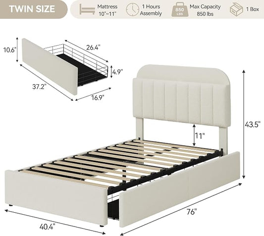 IDEALHOUSE Twin Bed Frame for Kids, Boucle Upholstered Platform Bed for Boys/Girls with 2 Flexible Drawers, Bookcase Headboard, Noise-Free, Easy Assembly, No Box Spring Needed, Beige