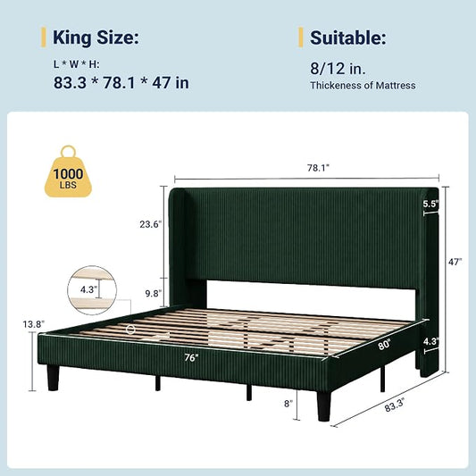 Allewie King Size Bed Frame with Upholstered Wingback Headboard, Vertical Channel Tufted Corduroy Velvet Platform Bed, Strong Wooden Slats Support, No Box Spring Needed, Easy Assembly, Dark Green