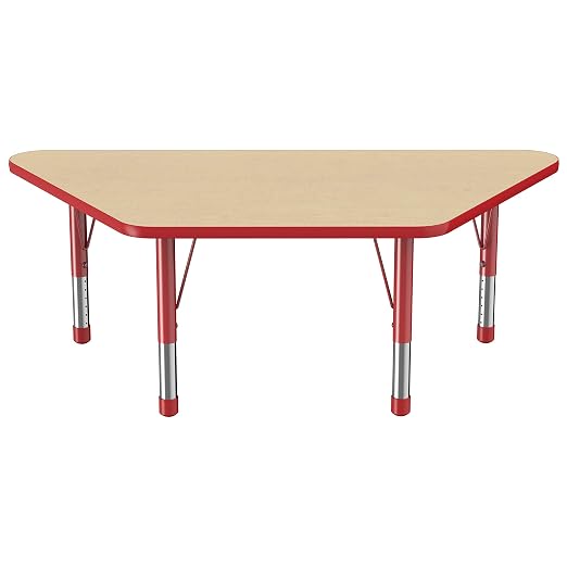 FDP Trapezoid Activity School and Classroom Kids Table (30 x 60 inch), Chunky Toddler Legs for Collaborative Seating Environments, Adjustable Height 15-24 inches - Maple Top and Red Edge