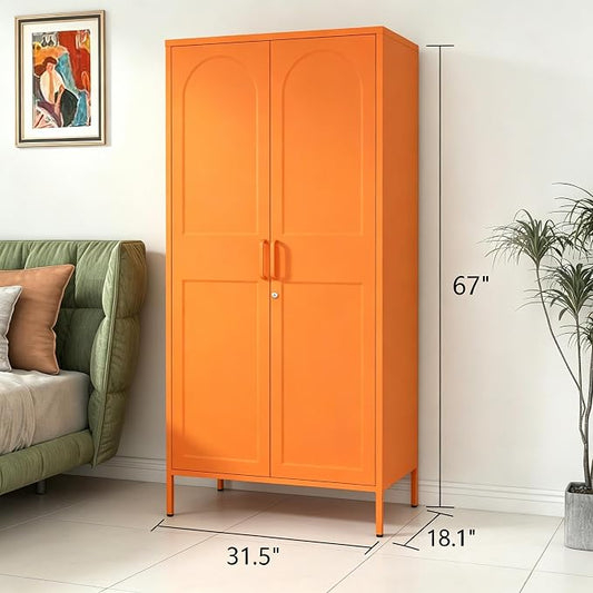 Orange Lockable Metal Storage Wardrobe, Tall Freestanding Cold Rolled Steel Cabinet with Arched Embossed Doors, Elevated Feet for Bedroom Office Storage Size:67" H x 31.5" W x 18.1" D