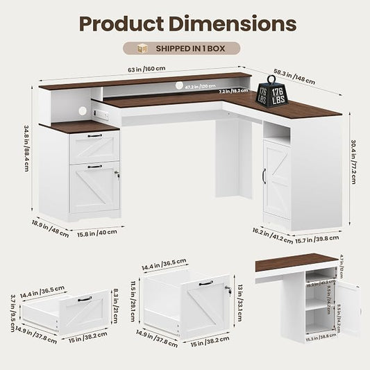 MALOL 63" Farmhouse L Shaped Executive Desk, Corner Computer Desk with Drawers & Storage Shelf, Home Office Desk with Power Outlet, Monitor Stand, Wood Grain Desktop, White & Rustic Brown