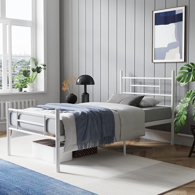 Avenco Metal Platform Bed Frame Twin Size with Classical Headboard and Footboard, 14 Inch, Under Bed Storage, Strong Metal Slats Support, Mattress Foundation, No Box Spring Needed