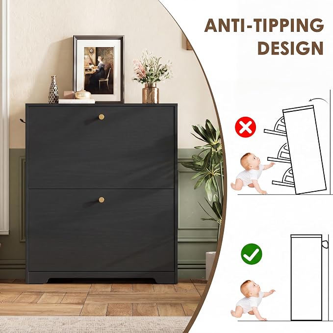 Nicetree Shoe Cabinet with 2 Flip Drawers, Narrow Shoe Organizer Cabinet, Freestanding Shoe Rack Cabinet, Modern Shoe Storage Cabinet for Entryway, Hallway, Foyer, Black