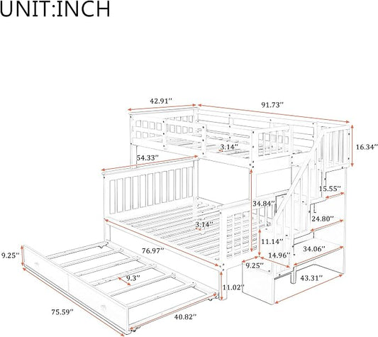 MERITLINE Twin Over Full Bunk Bed with Trundle, Storage Staircase,Solid Wood Bunk Bed with Stairs Box and Guardrail, No Spring Box Needed (Espresso &Trundle,Twin Over Full)