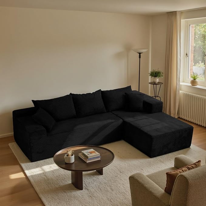 Boneless Couch, 102.4" Sectional Couches for Living Room with L Shape Sofa | Cloud Couch Sectional with Chaise, Modular Cloud Sofa with Deep Seat, No Assembly, Black, Corduroy, Right Chaise