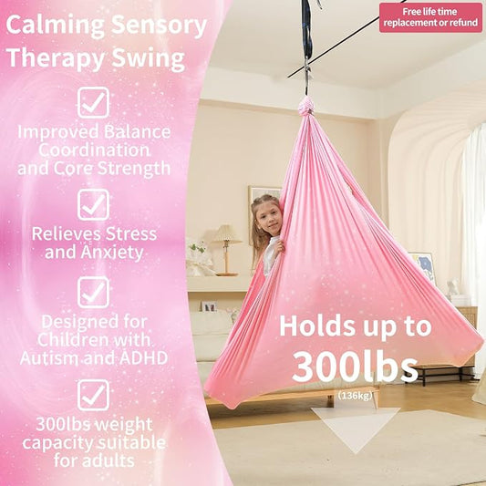 Sensory Swing for Kids Indoor & Outdoor Double Layer Therapy Cuddle Hammock Chair with 360° Swivel Hanger Kit Adjustable Child and Adult Aspergers Autism ADHD (Pink) (WUBOTIYU010)