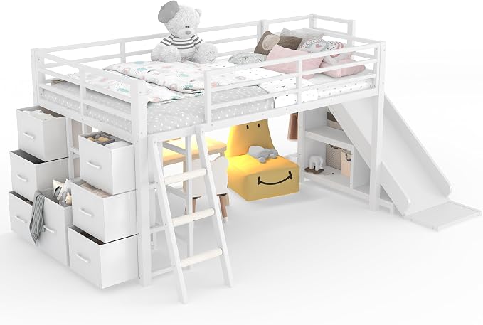 Bellemave Twin Size Low Loft Bed with Slide & 7 Fabric Storage Drawers,Metal Loft Bed Frame with Shelves and LED Lights for Boys Girls,Kids Loft Bed Twin,White
