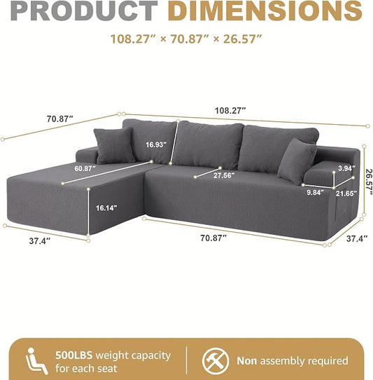 Hobestluk Modular Sectional Sofa Couches L-Shape Couch 3 Seat Modular Sofa Memory Foam Sectional Couches for Living Room, Cloud Couch with Oversized Chaise (Grey Smooth, 108", Left Hand Facing)