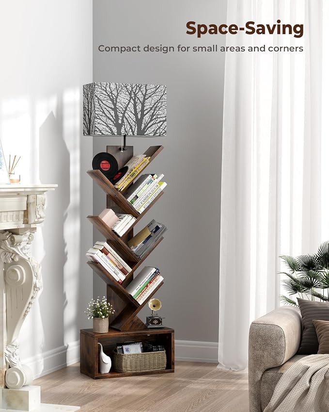 Evermagin Tree Bookshelf with Light, 6 Tier Small Bookcase, Narrow Floor Standing Book Tower Organizer with Storage Cabinet for Living Room, Bedroom and Home Office, Rustic Brown