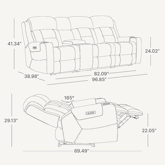 Watson & Whitely Genuine Leather Power Recliner Sofa, Lay Flat Reclining Sofa with Storage Console, Power Headrest & Cup Holders, 3 Seater Electric Reclining Couch for Living Room, Grey