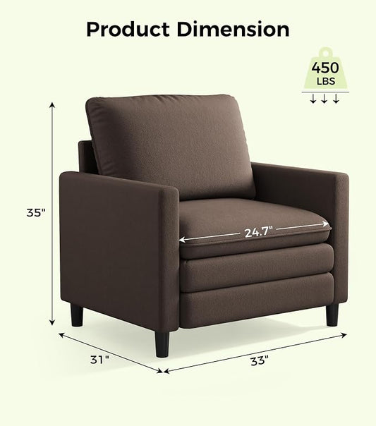 Welzona 3-Layers Cloud Accent Chair, 33" Reading Chair for Bedroom, Living Room - Tool-Free Assembly with Teddy Fabric Couch Chair - Brown - Arm Chairs - Removable Washable Covers - 450lb Capacity