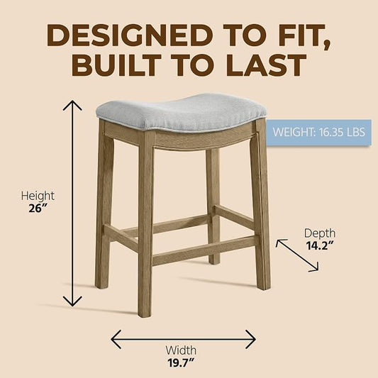 ROME + OAK Parker 26 Inch Counter Stool, Backless Saddle Kitchen Barstool in Natural Finish with Cream Fabric Upholstery Cushion Seat