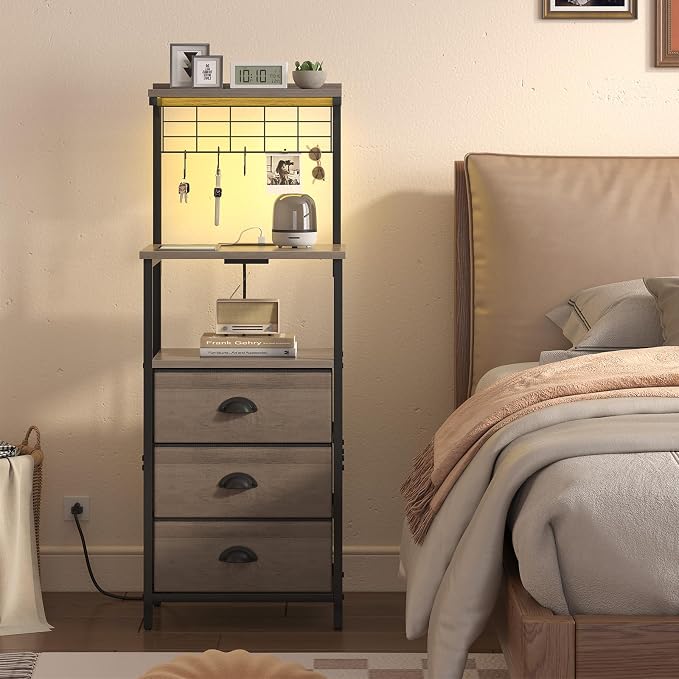 sthmec Bedside Tall Nightstands with Charging Station, LED Bedside Table for Bedroom - 3 PU Fabric Drawers, Hooks, USB/Type-C Ports & Open Bedside Shelves, Grey