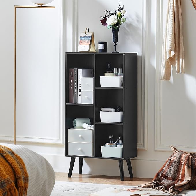 LEYAOYAO 5 Cube Bookshelf 3-Tier Bookcase with Legs,Mint Black Kids Book Shelf Cute Storage Organizer,Free Standing Open Toy Shelves Wood Bookshelves,Display Bookcases for Bedroom,Living Room,Nursery