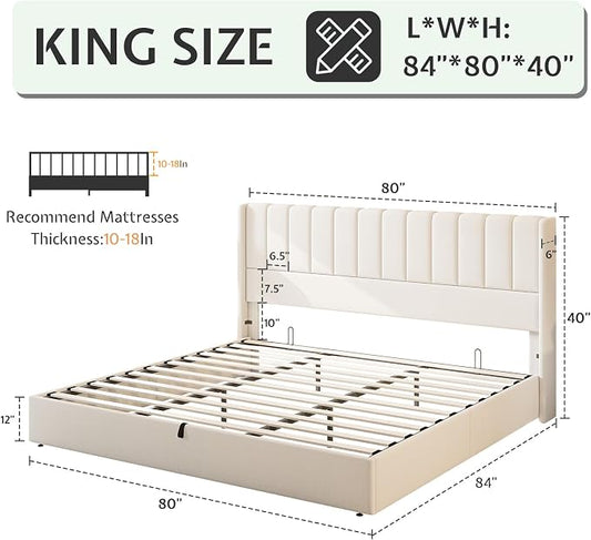 Jocisland King Size Lift Up Storage Bed Frame, Linen Upholstered Platform Bed with Vertical Channel Tufted Headboard and Wingback, Hydraulic System, No Box Spring Needed, Wood Slats Support, White