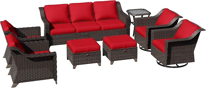 8 Pieces Patio Conversation Furniture Set - 1 Sofa, 2 Ottomans, 2 Armchairs, 2 Swivel Chairs, 1 Side Table, Outdoor Wicker Furniture with Removable Cushions for Porch, Sunroom (Red)