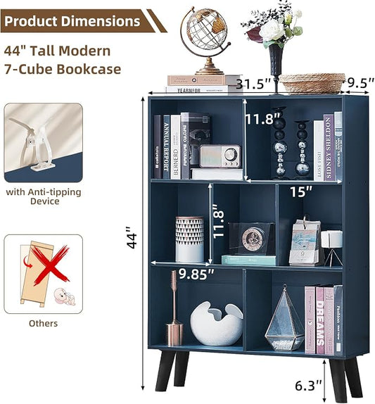 LEYAOYAO Cube Bookshelf 3 Tier Mid-Century Rustic Dark Blue Modern Bookcase with Legs,Retro Wood Bookshelves Storage Organizer Shelf,Freestanding Open Book Shelves for Bedroom,Living Room,Office