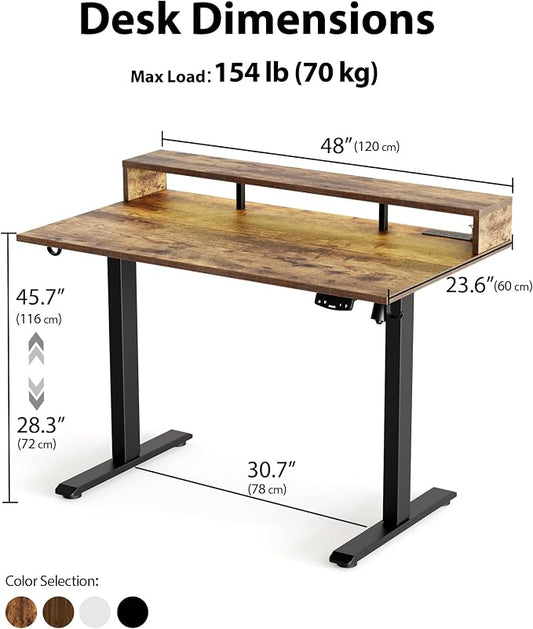 Agilestic 48x24 Inch Electric Standing Desk with Shelf, Height Adjustable Desk with Power Outlet & LED, Sit Stand Up Table with Monitor Stand, Computer Workstation, Rustic Brown