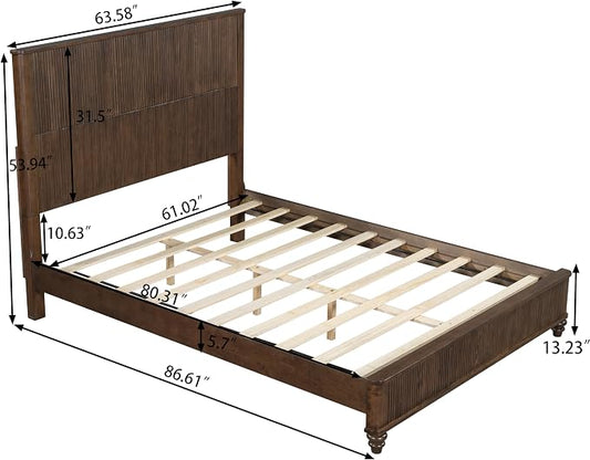 3-Pieces Bedroom Sets, Queen Size Platform Bed with 2 Nightstands, Solid Wood Platform Bed Frame with Tall Headboard and Classic American Turned Legs (Brown-5.25, Queen)