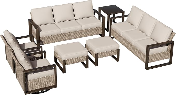 Outdoor Patio Swivel Rocker Chairs, 7 Pieces Wicker Furniture Set, 2 Swivel Rocking Chairs, 2 Sofa 2 Ottoman and 1 Table, Wide Armrest, Thick Cushions and Deep Seating for Garden, Backyard, Porch
