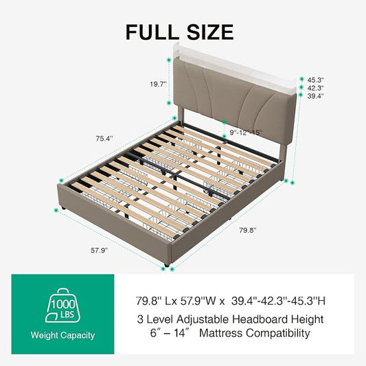 Novilla Full Size Bed Frame, Full Size Bed Frame with Headboard, Full Size Bed Frame with Storage Drawers, Full LED Bed Frame, Charging Station and Adjustable Headboard, No Box Spring Needed, Beige