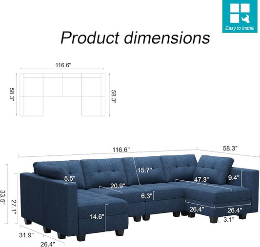 Belffin Modular U Shaped Sectional Sofa Couch with Reversible Chaises 6-seat Sectional Couch with Storage Seat Modular Sectional Set with Ottomans Blue
