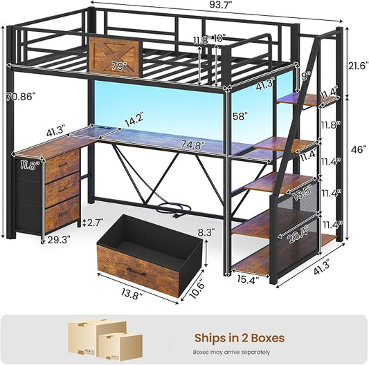 Itaar Stairway Twin Size Loft Bed with L Shaped Desk and Wardrobe, Metal Loft Bed Frame with Storage Stairs, 3 Fabric Drawers, LED Lights & Charging Sation (Rustic Brown, Twin)