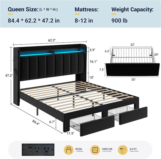 Allewie Velvet Vertical Tufted Queen Upholstered Platform Bed Frame with 2-Tier LED Storage Headboard & 2 Storage Drawers, USB & Type-C Charging Ports, Noise-Free/No Box Spring Needed, Black