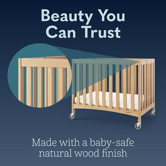 Foundations Travel Sleeper Wood Compact Folding Crib with 2” InfaPure Foam Crib Mattress and Commercial Grade Casters for Hotels, Natural