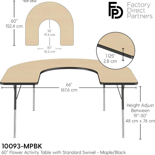 FDP Horseshoe Activity School and Office Table (60 x 66 inch), Standard Legs with Swivel Glides for Collaborative Seating Environments, Adjustable Height 19-30 inches - Maple Top and Black Edge