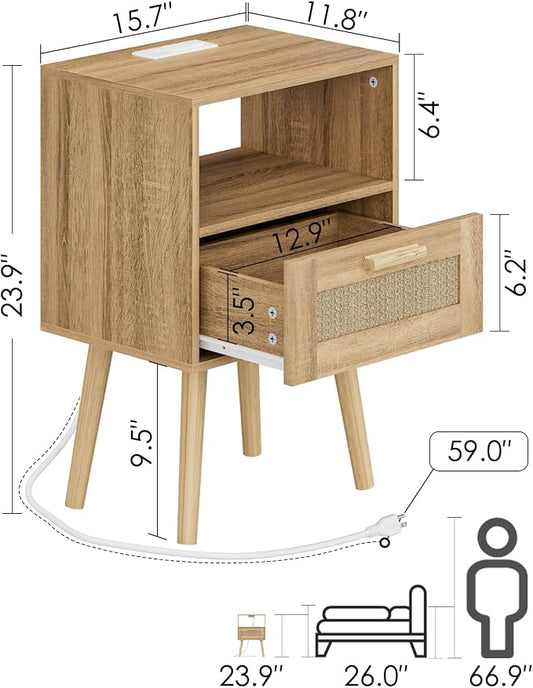 Aienvey Rattan Nightstand with Charging Station, Small Night Stand, Side Table with Drawer Open Shelf, Cane Accent Bedside End Table with Wood Legs, Modern Nightstand for Bedroom, Oak (Modern)
