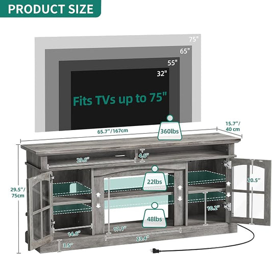 YITAHOME LED Farmhouse TV Stand for 75 Inch w/Outlets, Modern Entertainment Center with Glass Doors and Adjustable Storage Shelves, Media Console TV Cabinet for for Living Room, Grey