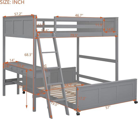 Ball & Cast Full Over Full Bunk Bed with Safty Guardrail & Stairway,Heavy Duty Wood Loft Bedframe W/Desk & Drawers,Easy Assembly,Versatile Functional Bedroom Furniture Set for Boy Girl Teens,Gray