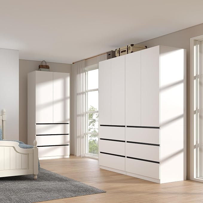 Vrmuxita White Armoire Wardrobe Closet: 75" Large Wardrobe Closet with 6 Doors, Modern Bedroom Armoires with 9 Drawers, Tall Wood Closets for Hanging Clothes