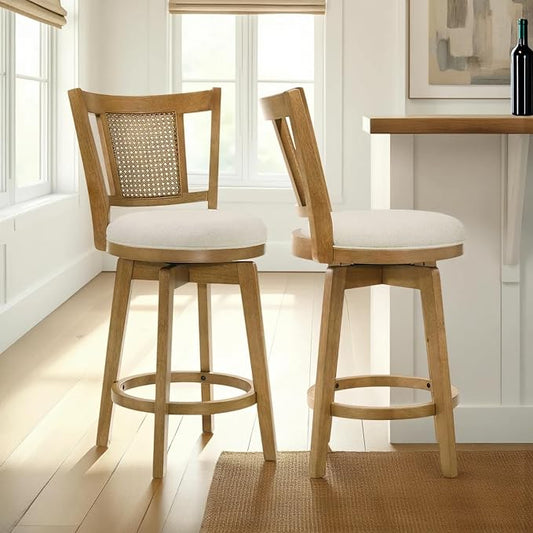 Armen Living Isla 30 in. Amber Glow Bar Height Rubberwood Swivel Barstool with Ivory Fabric Seat - Set of 2