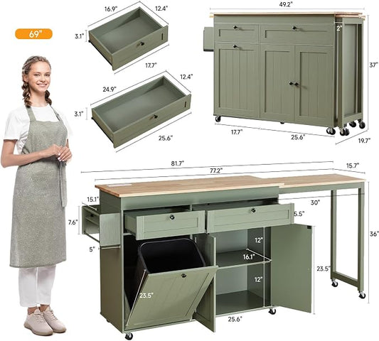 ONBRILL Kitchen Islands with Extendable Dining Table, 81.7" Mobile Kitchen Storage Islands, Rolling Kitchen Cart with Trash Cabinet, Power Outlet, Spice Rack & Towel Rack, Green
