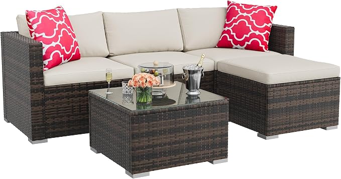5-Piece Outdoor Sectional Sofa Set, All-Weather PE Rattan Patio Furniture with Ottoman & Tempered Glass Table, Convertible Garden Couch for Backyard, Porch, Poolside (Brown/Beige)