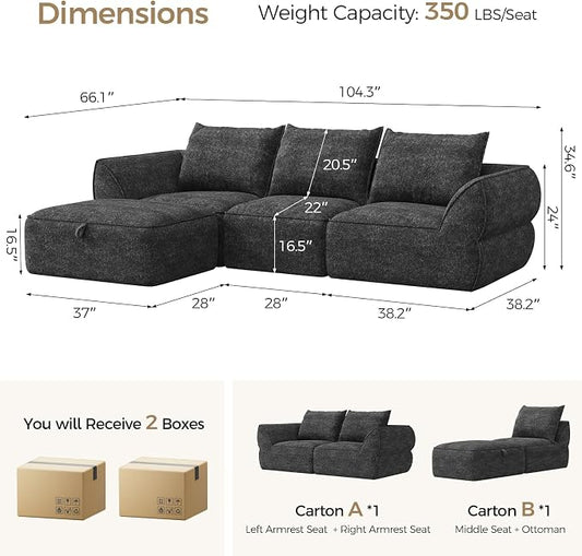 104" Modular Sectional Sofa with Deep Seat, Comfortable Upholstery L Shaped Cloud Couch for Living Room, 3-Seater Boneless Sofa with Movable Ottomans, Removable Cover, No Assembly Required, Dark Gray